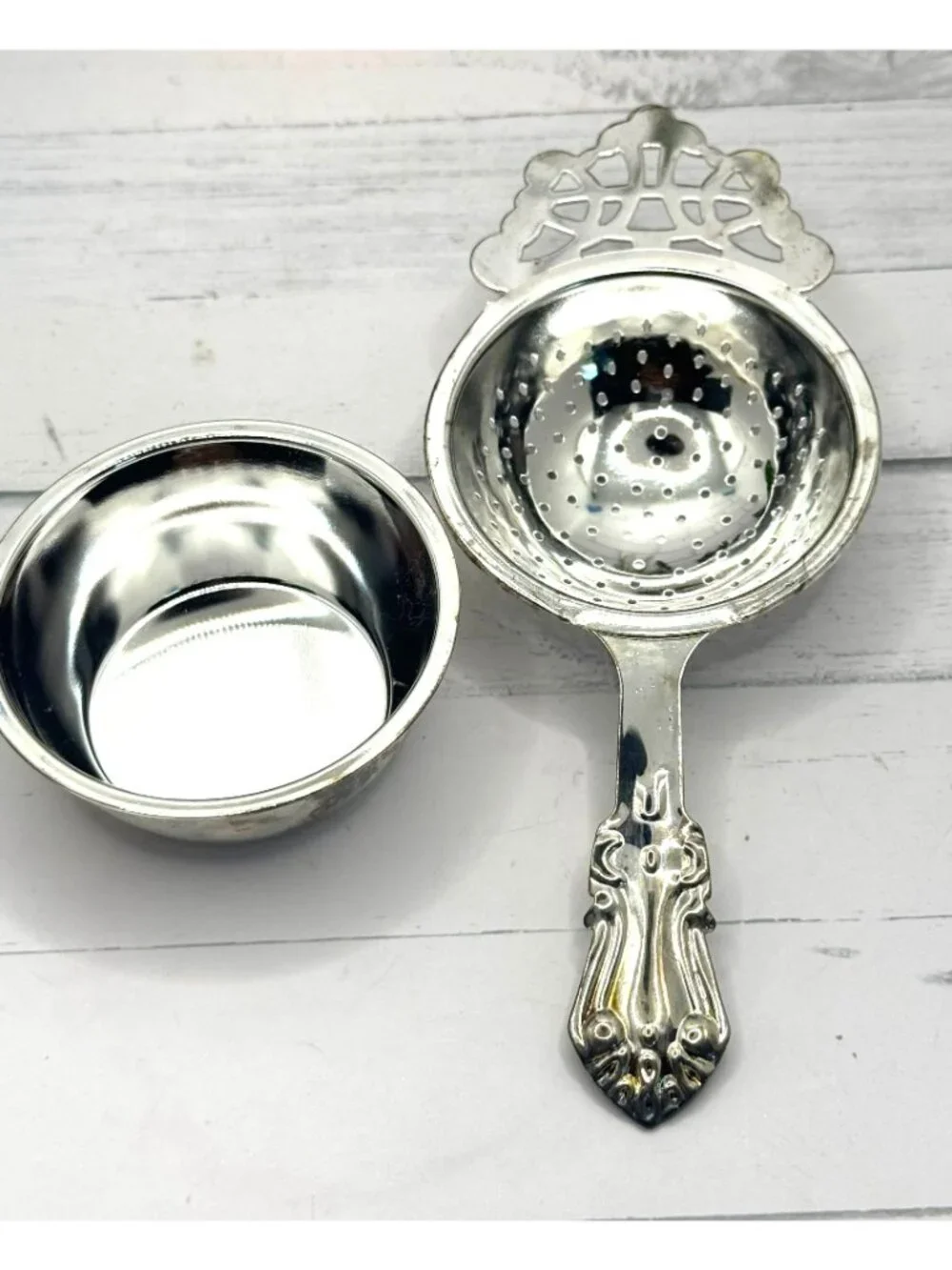 Genuine Silverplate Tea Strainer Set W/Ornate Handle & Base For Loose Leaf Tea